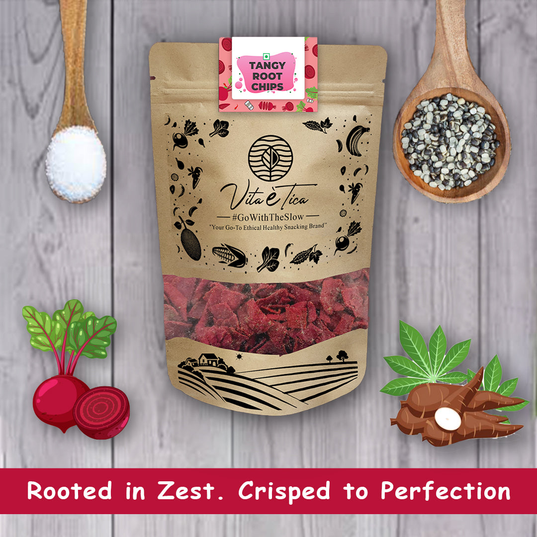 Organic tangy beetroot chips snack by Vita Etica